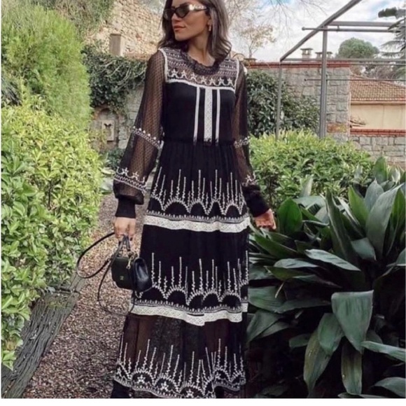 Zara Dresses & Skirts - Zara Black and White embroidered Long Sleeve tule maxi Dress Sz XXL